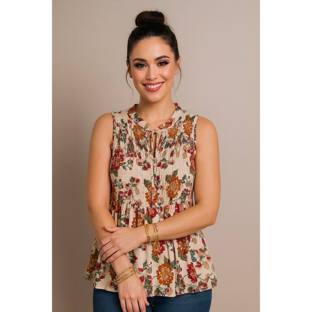 Rose & Olive Smocked Floral Smocked Sleeveless Blouse Size M